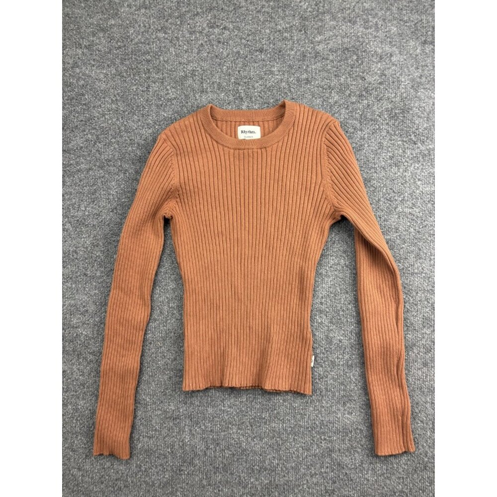 Rhythm Sweater Womens Small Orange Ribbed Knit Crew Neck Long‎ Sleeve Pullover